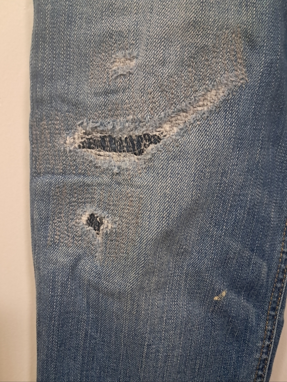 American Eagle Outfitters Distressed Patched Light Blue Mens Slim Straight Jeans - Picture 6 of 11
